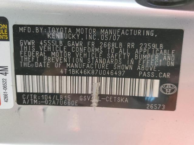 4T1BK46K87U046497 - 2007 TOYOTA CAMRY LE SILVER photo 12