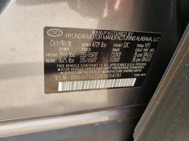 5NMS23AD2KH054781 - 2019 HYUNDAI SANTA FE SE GRAY photo 10