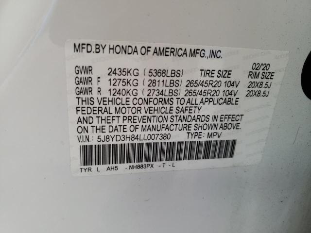 5J8YD3H84LL007380 - 2020 ACURA MDX ADVANCE WHITE photo 14