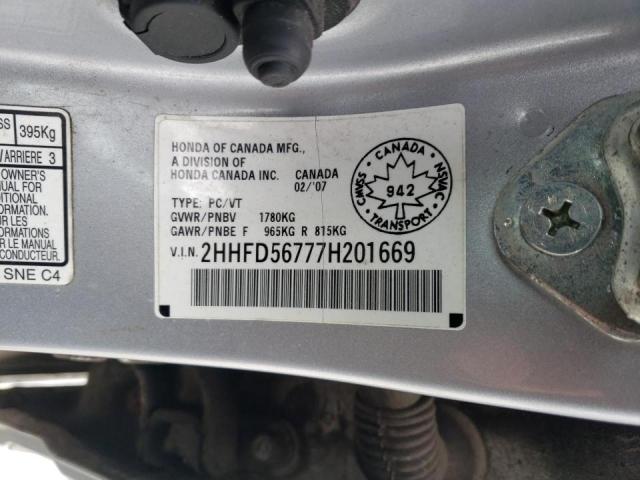 2HHFD56777H201669 - 2007 ACURA CSX PREMIUM NAVIGATION SILVER photo 12