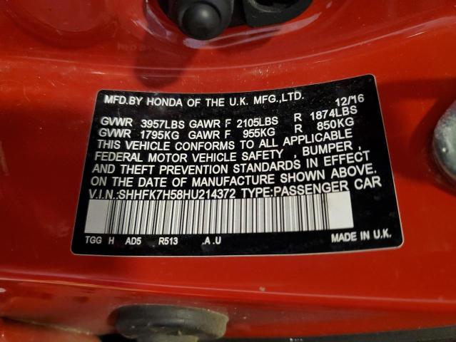 SHHFK7H58HU214372 - 2017 HONDA CIVIC EX RED photo 13