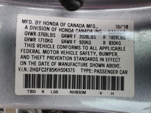 2HGFC2F85KH504375 - 2019 HONDA CIVIC SPORT 银色 照片 12