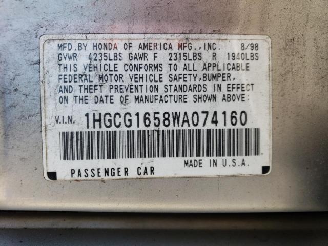 1HGCG1658WA074160 - 1998 HONDA ACCORD EX SILVER photo 12