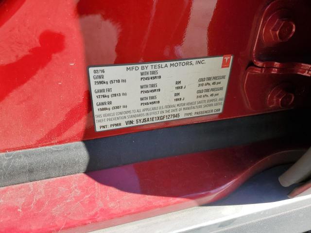 5YJSA1E1XGF127945 - 2016 TESLA MODEL S წითელი ფოტო 13