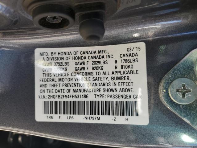 2HGFB2F94FH531486 - 2015 HONDA CIVIC EXL GRAY photo 12