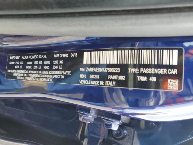 ZARFAEDN7J7590223 - 2018 ALFA ROMEO GIULIA Q4 ლურჯი ფოტო 12