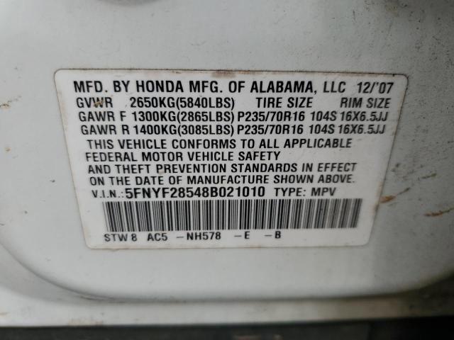 5FNYF28548B021010 - 2008 HONDA PILOT EXL WHITE photo 12