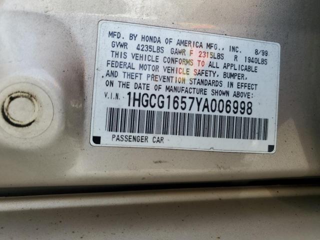 1HGCG1657YA006998 - 2000 HONDA ACCORD EX CREAM photo 12