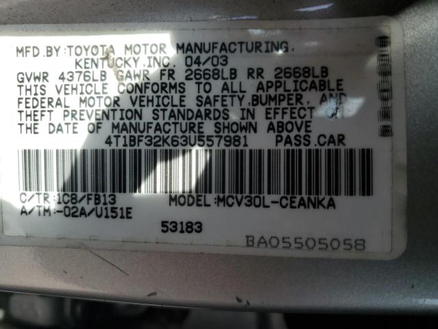 4T1BF32K63U557981 - 2003 TOYOTA CAMRY LE SILVER photo 12