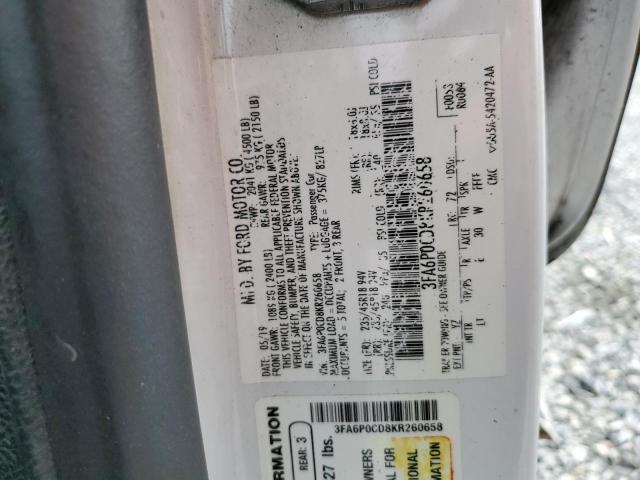 3FA6P0CD8KR260658 - 2019 FORD FUSION SEL BLACK photo 12