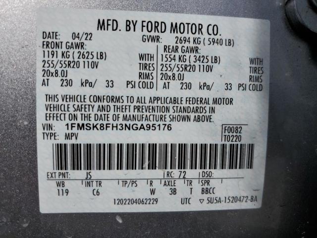 1FMSK8FH3NGA95176 - 2022 FORD EXPLORER LIMITED SILVER photo 14