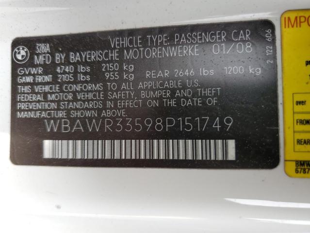 WBAWR33598P151749 - 2008 BMW 328 I SULEV WHITE photo 12