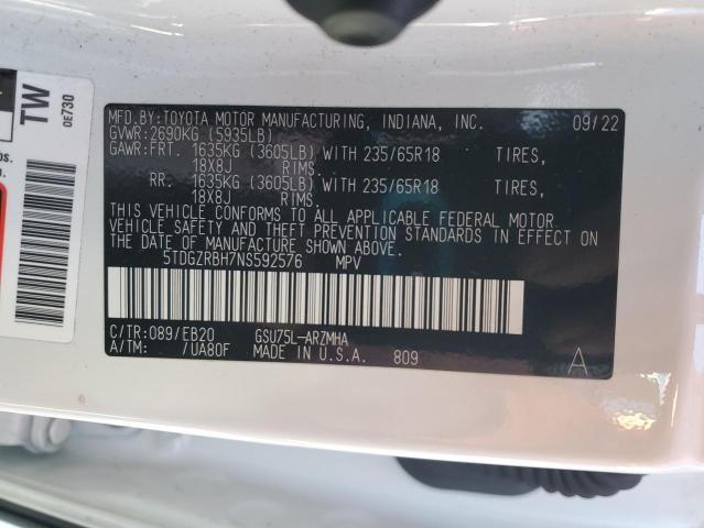 5TDGZRBH7NS592576 - 2022 TOYOTA HIGHLANDER XLE 白色 照片 13