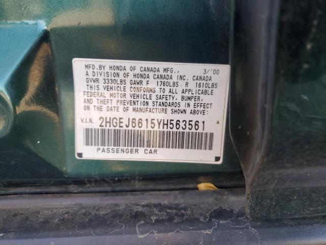 2HGEJ6615YH563561 - 2000 HONDA CIVIC BASE 绿色 照片 12