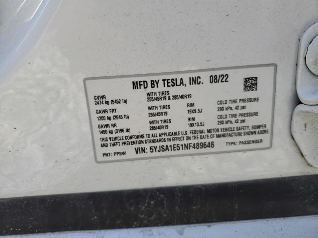 5YJSA1E51NF489646 - 2022 TESLA MODEL S Ağ foto 12