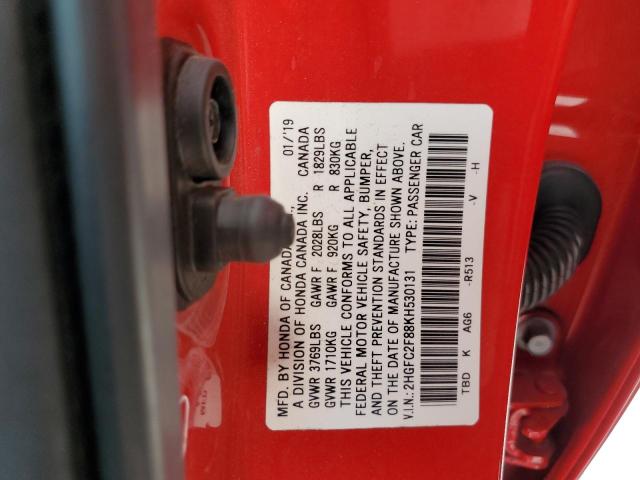 2HGFC2F88KH530131 - 2019 HONDA CIVIC SPORT 红色 照片 12