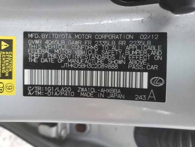 JTHKD5BH3C2089888 - 2012 LEXUS CT 200 SILVER photo 12