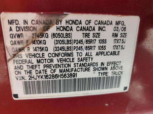 2HJYK16286H563891 - 2006 HONDA RIDGELINE RT RED photo 12