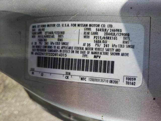 4N2ZN15T32D814315 - 2002 NISSAN QUEST GXE SILVER photo 13