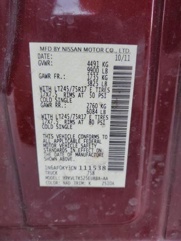 1N6AF0KY3CN111538 - 2012 NISSAN NV 2500 MAROON photo 13