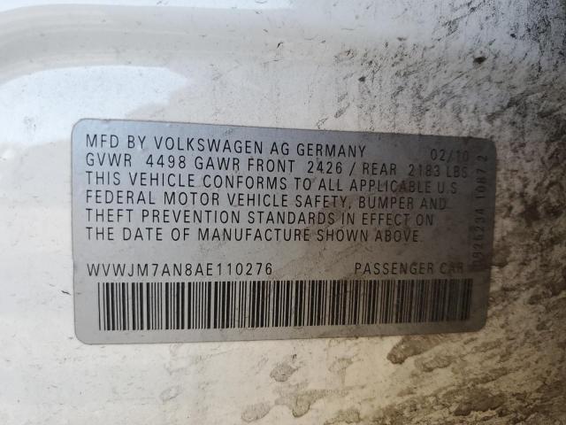 WVWJM7AN8AE110276 - 2010 VOLKSWAGEN PASSAT KOMFORT WHITE photo 12