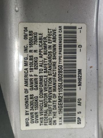 1HGEM21155L002850 - 2005 HONDA CIVIC DX VP SILVER photo 12