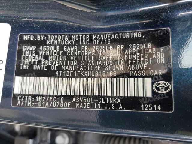 4T1BF1FKXHU316169 - 2017 TOYOTA CAMRY LE BLUE photo 12