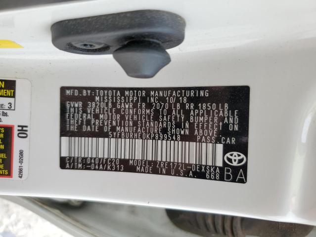 5YFBURHE0KP899548 - 2019 TOYOTA COROLLA L WHITE photo 13