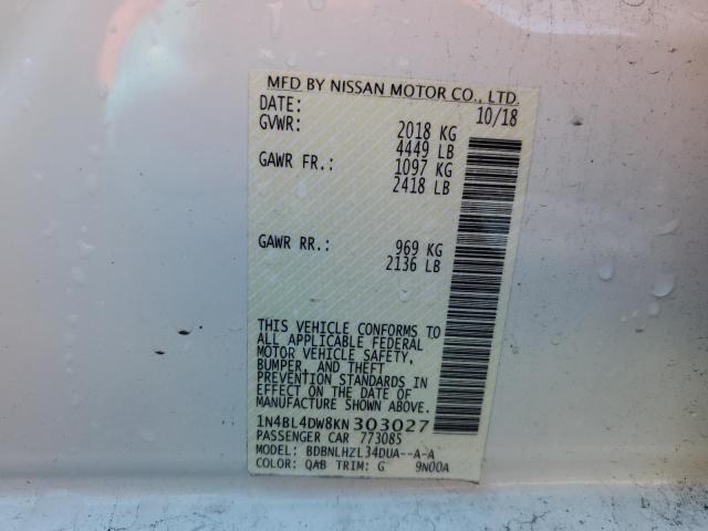 1N4BL4DW8KN303027 - 2019 NISSAN ALTIMA SV WHITE photo 12