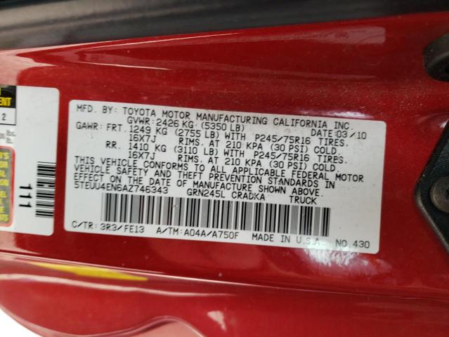 5TEUU4EN6AZ746343 - 2010 TOYOTA TACOMA ACCESS CAB წითელი ფოტო 12