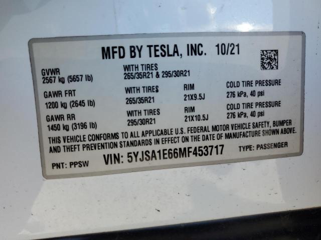 5YJSA1E66MF453717 - 2021 TESLA MODEL S WHITE photo 12
