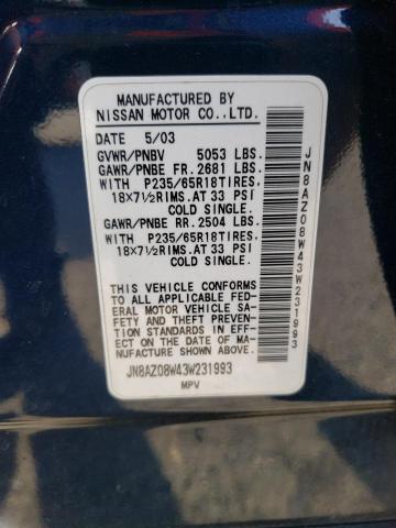 JN8AZ08W43W231993 - 2003 NISSAN MURANO SL BLUE photo 13