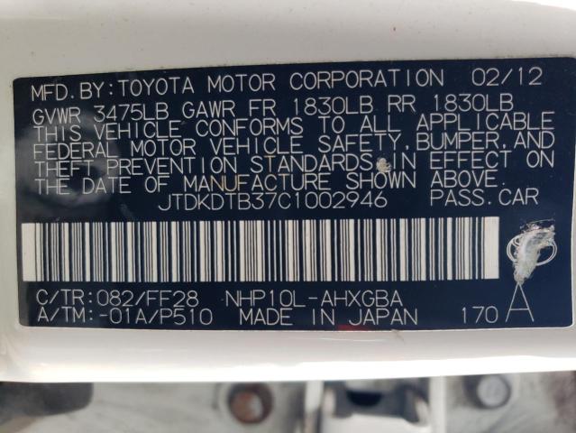 JTDKDTB37C1002946 - 2012 TOYOTA PRIUS C WHITE photo 12