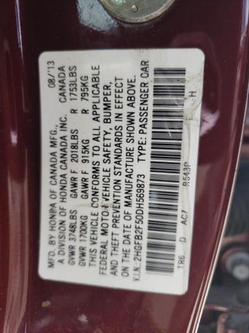 2HGFB2F50DH569873 - 2013 HONDA CIVIC LX BURGUNDY photo 12