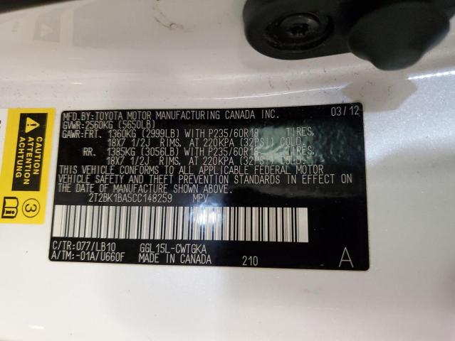 2T2BK1BA5CC148259 - 2012 LEXUS RX 350 WHITE photo 12