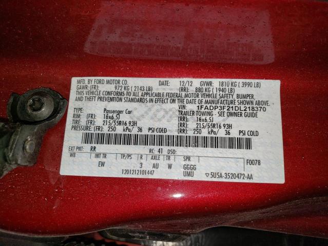 1FADP3F21DL218370 - 2013 FORD FOCUS SE RED photo 12