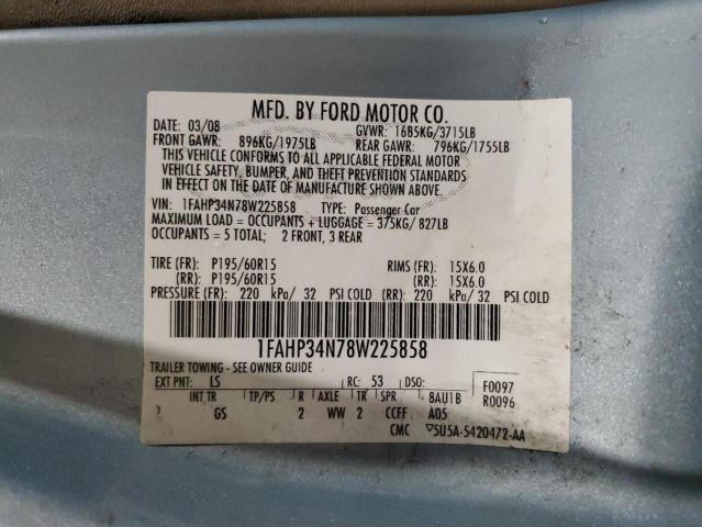 1FAHP34N78W225858 - 2008 FORD FOCUS S/SE BLUE photo 12