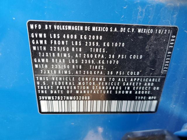 3VVWX7B27NM032088 - 2022 VOLKSWAGEN TAOS SE BLUE photo 13