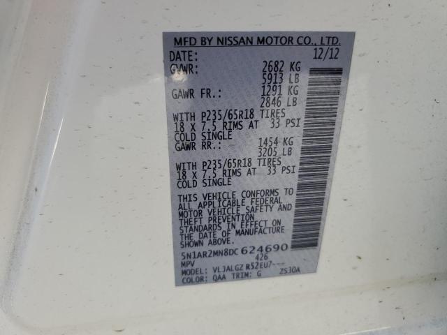 5N1AR2MN8DC624690 - 2013 NISSAN PATHFINDER S WHITE photo 13