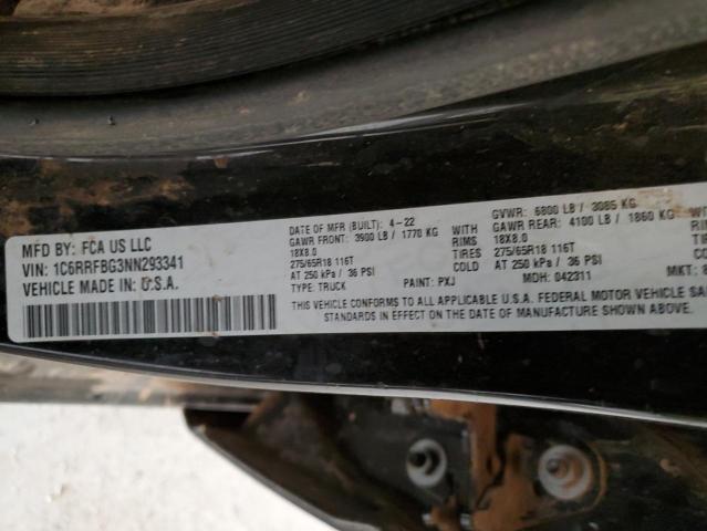 1C6RRFBG3NN293341 - 2022 RAM 1500 BIG HORN/LONE STAR BLACK photo 12