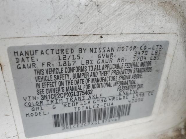 3N1CE2CPXGL375462 - 2016 NISSAN VERSA NOTE S WHITE photo 12