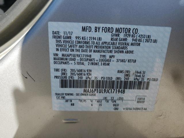 MAJ6P1UL9JC171948 - 2018 FORD ECOSPORT SE ვერცხლისფერი ფოტო 13