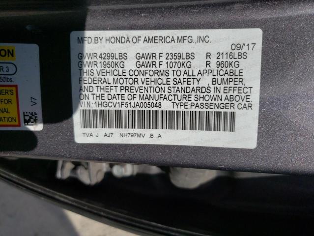 1HGCV1F51JA005048 - 2018 HONDA ACCORD EXL GRAY photo 12