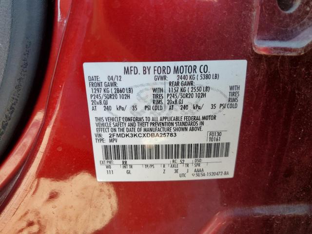 2FMDK3KCXDBA25783 - 2013 FORD EDGE LIMITED RED photo 12