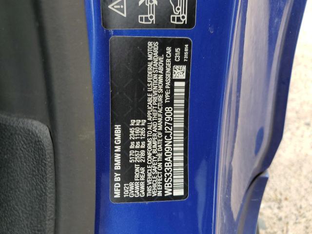 WBS33BA09NCJ27908 - 2022 BMW M4 COMPETITION BLUE photo 12