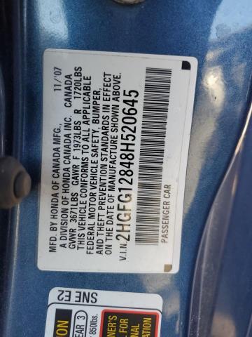 2HGFG12848H520645 - 2008 HONDA CIVIC EX BLUE photo 12