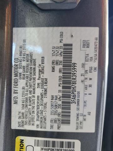 3FA6P0H78ER395999 - 2014 FORD FUSION SE GRAY photo 12