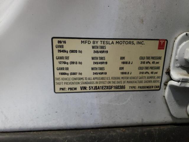 5YJSA1E2XGF160386 - 2016 TESLA MODEL S WHITE photo 12