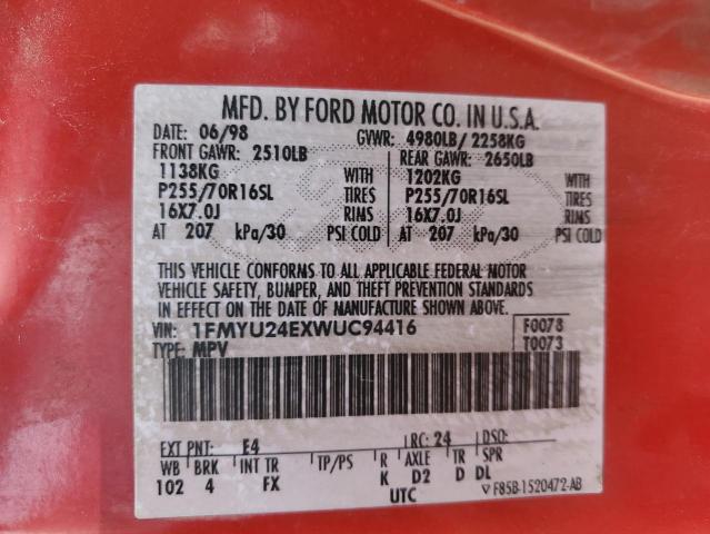 1FMYU24EXWUC94416 - 1998 FORD EXPLORER RED photo 13