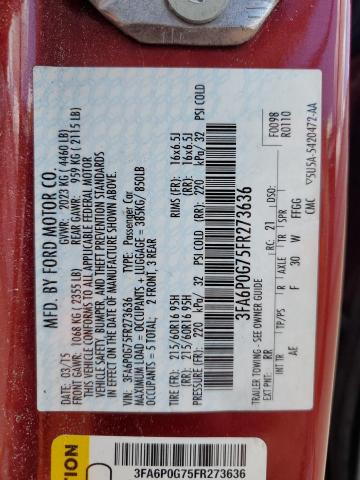 3FA6P0G75FR273636 - 2015 FORD FUSION S RED photo 13